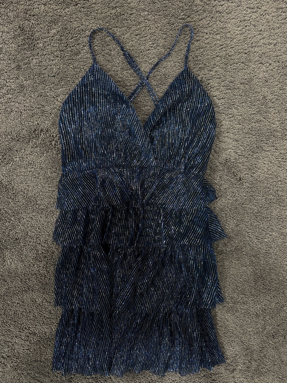 Lulu's Navy Metallic Strappy Tiered Mini Dress